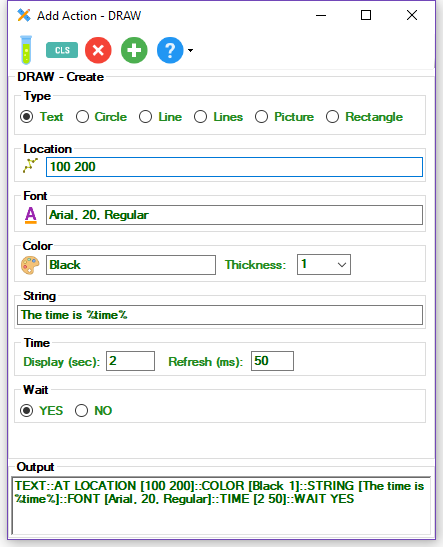 Draw Action - Add Action Dialog